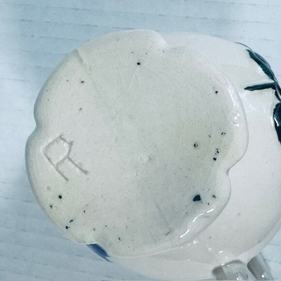 Vintage Folk Art Creamer/ Small Pitcher Ceramic Hand Painted White w/Blue Flower - Picture 7 of 12